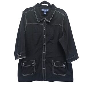 Susan Graver Style Womens XL Black Contrast Stitch Button Front 3/4 Sleeve Shirt